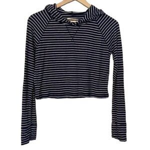 Hollister XS Cropped Navy Blue White Stripe Hooded Long Sleeve Crop Top